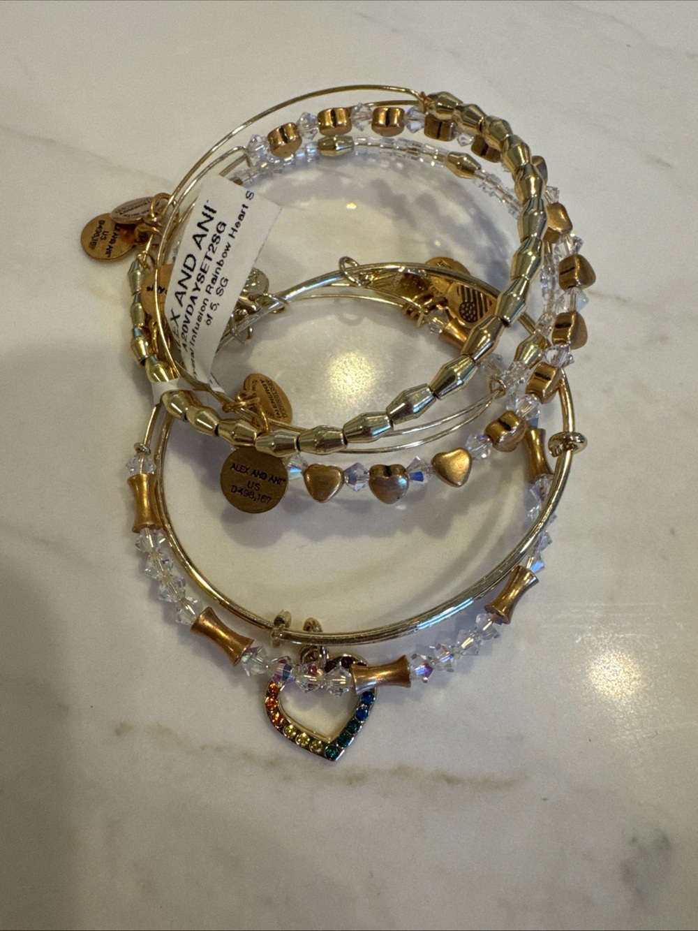 Alex & Ani Crystal Infusion Rainbow Heart Set of 5 Shiny Gold Bracelets
